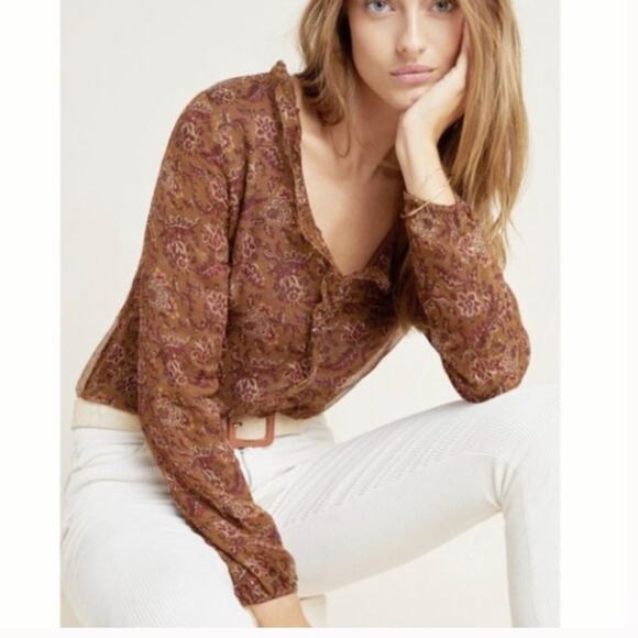NWT Louise Misha Anthropologie Loreta Silk Brown Blouse 38 - Picture 7 of 7